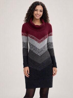 BCX Sweater Dress Small Red Gray Chevron Cowl Neck Bodycon Knit